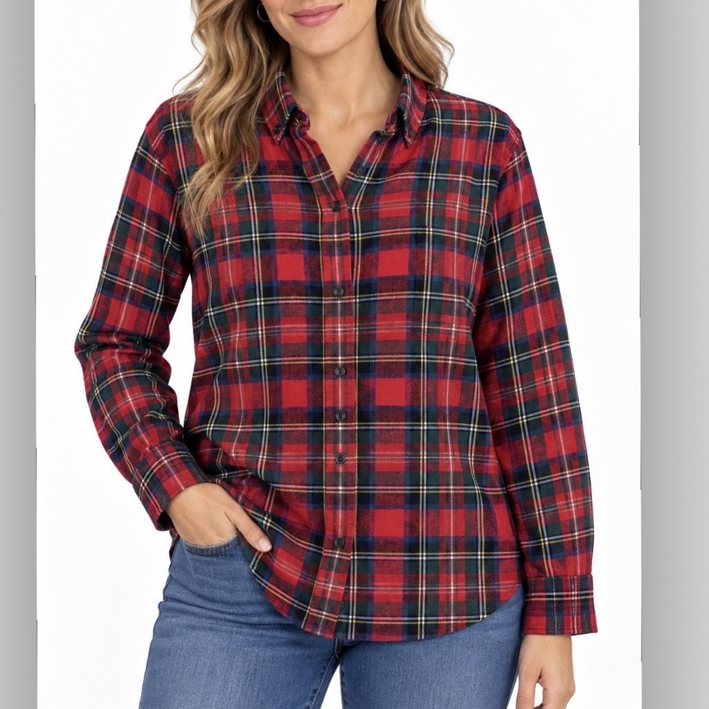 LL Bean Red Scotch Plaid Cotton Flannel Button Shirt Relaxed Fit Size XL